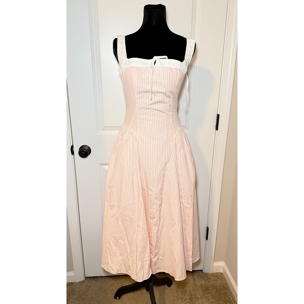 Astr The Label Pink White Striped Milkmaid Midi Dress Basque Waist XS